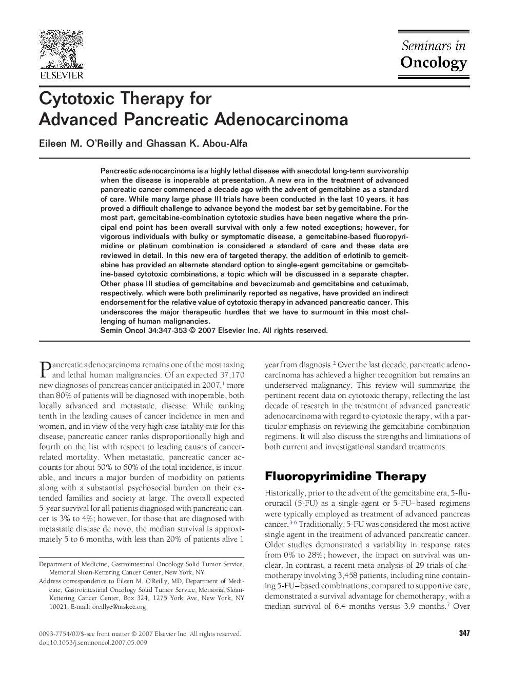 Cytotoxic Therapy for Advanced Pancreatic Adenocarcinoma
