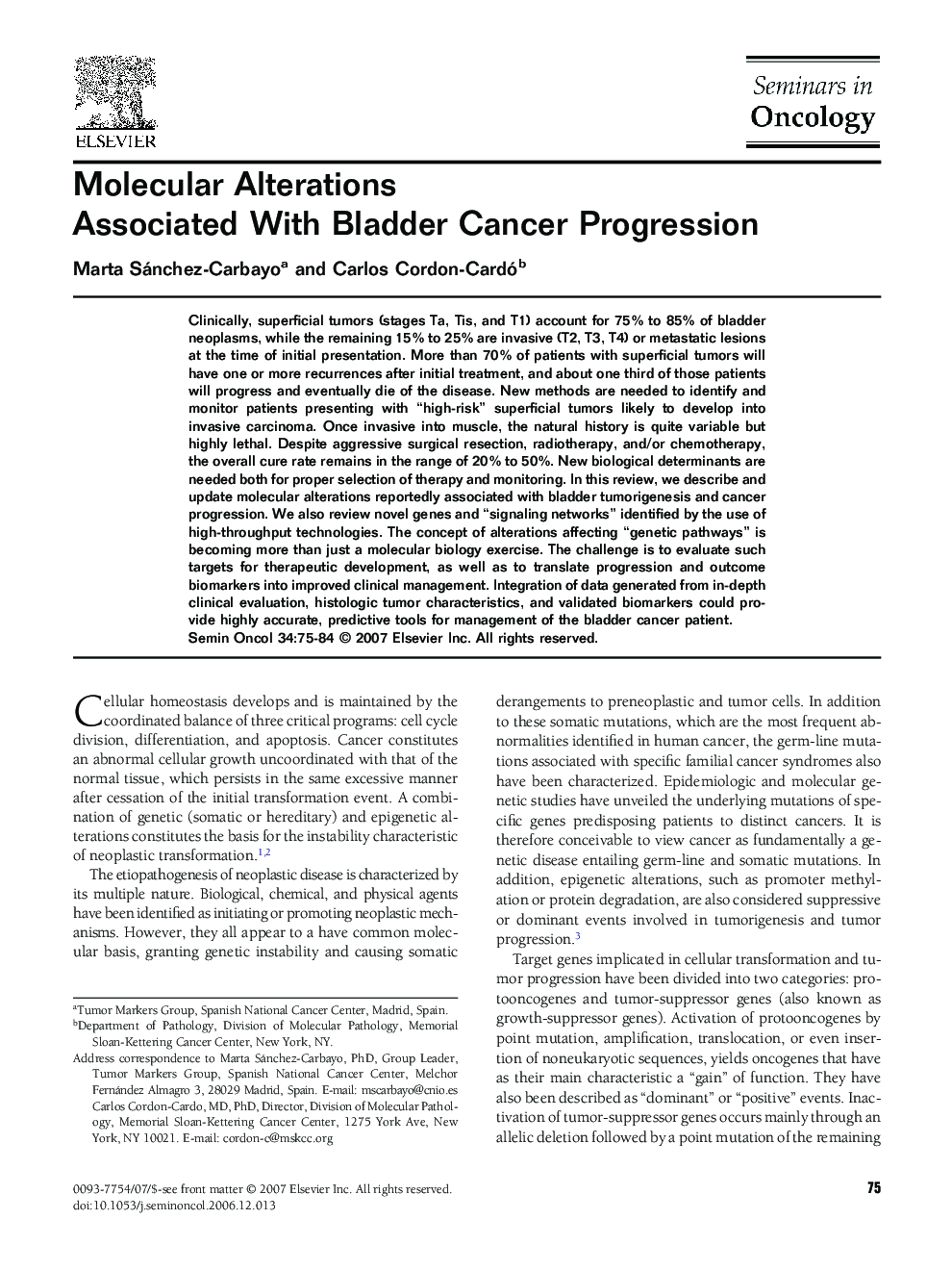 Molecular Alterations Associated With Bladder Cancer Progression
