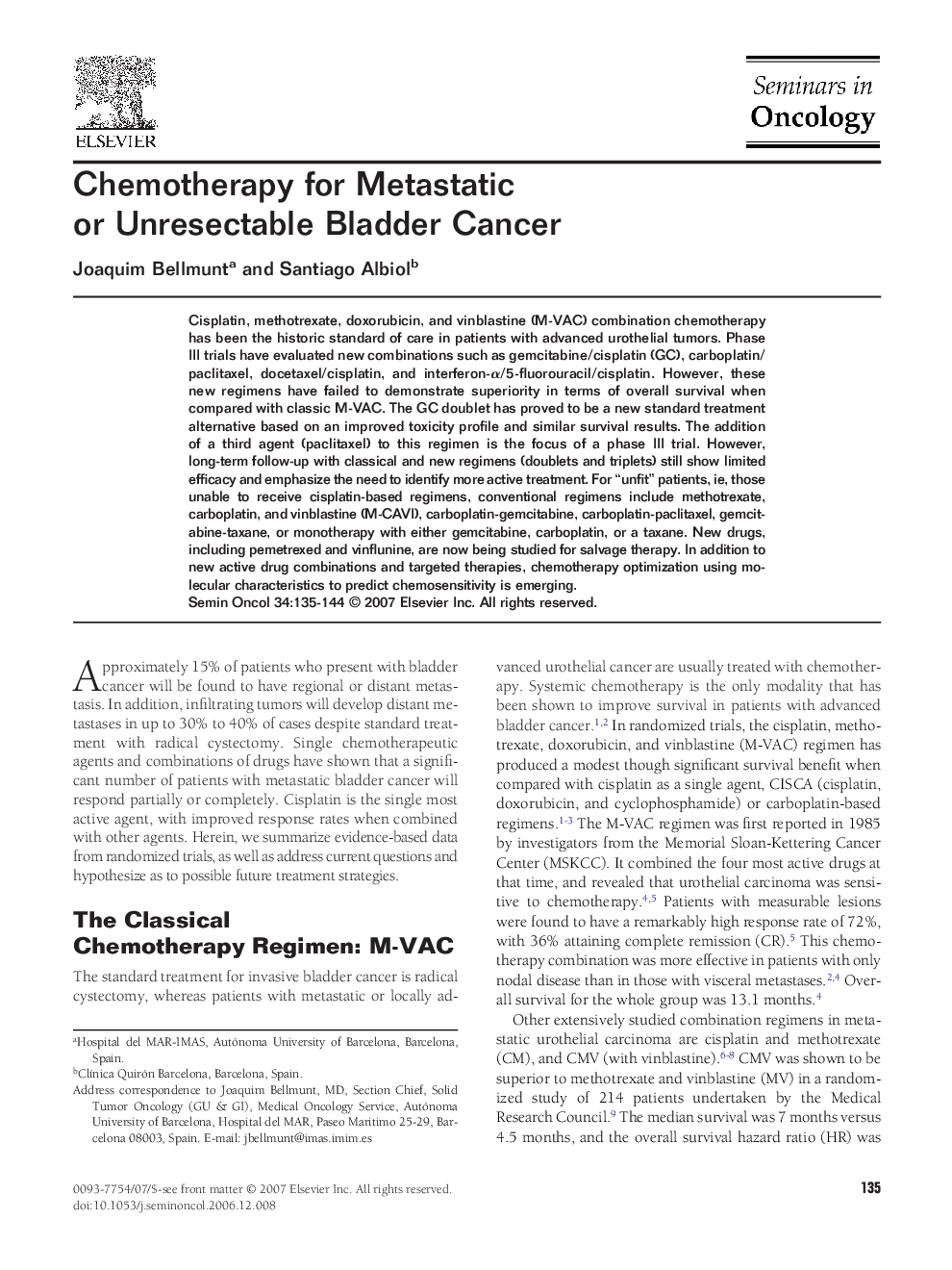 Chemotherapy for Metastatic or Unresectable Bladder Cancer
