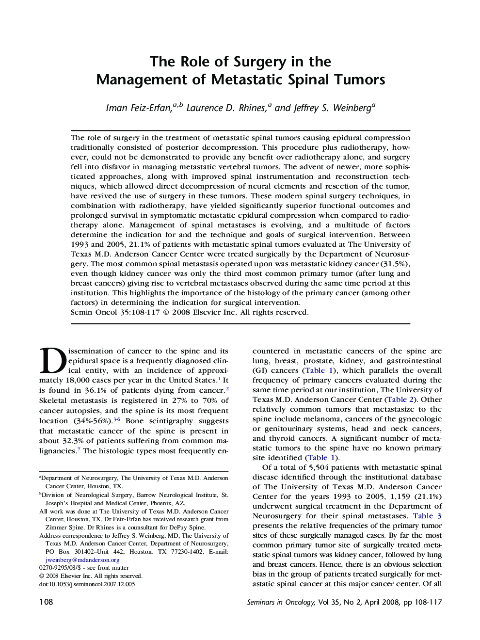 The Role of Surgery in the Management of Metastatic Spinal Tumors