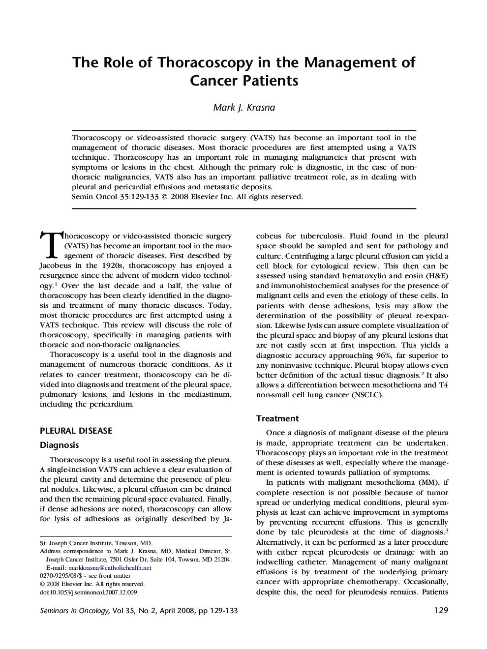 The Role of Thoracoscopy in the Management of Cancer Patients
