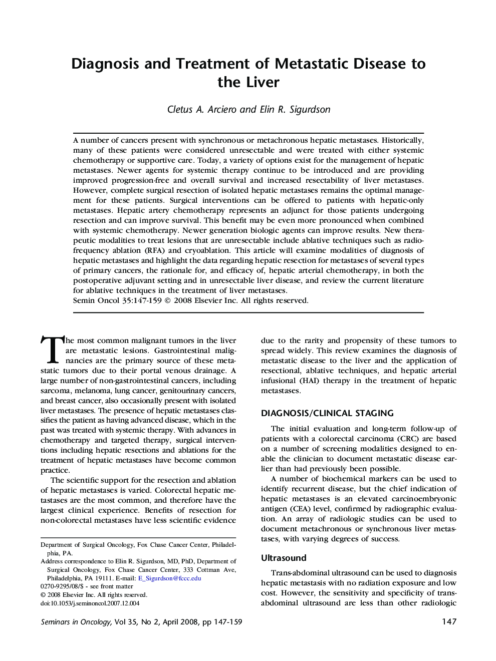 Diagnosis and Treatment of Metastatic Disease to the Liver