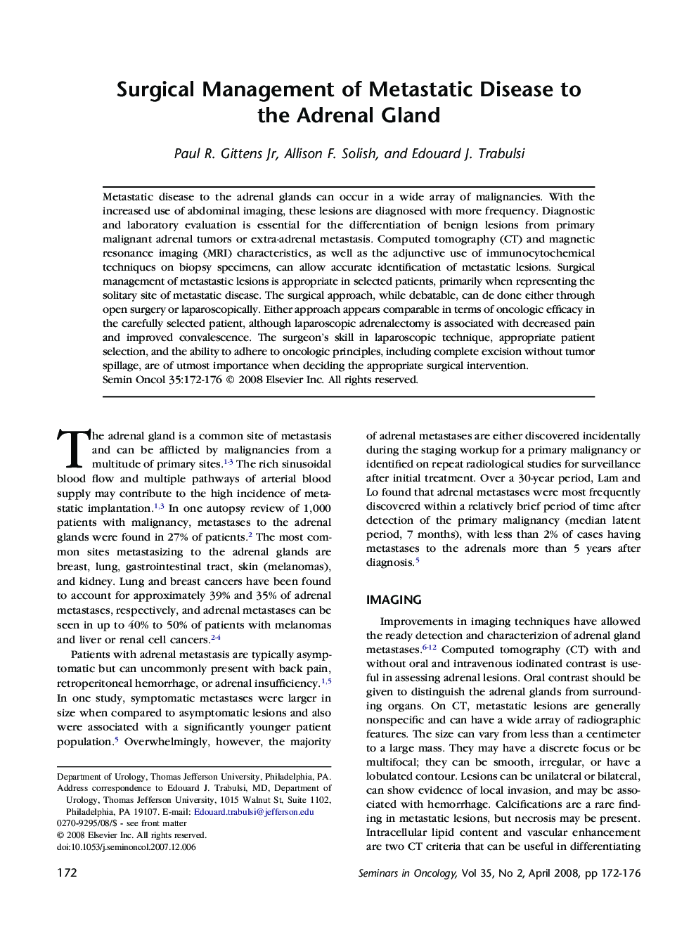 Surgical Management of Metastatic Disease to the Adrenal Gland