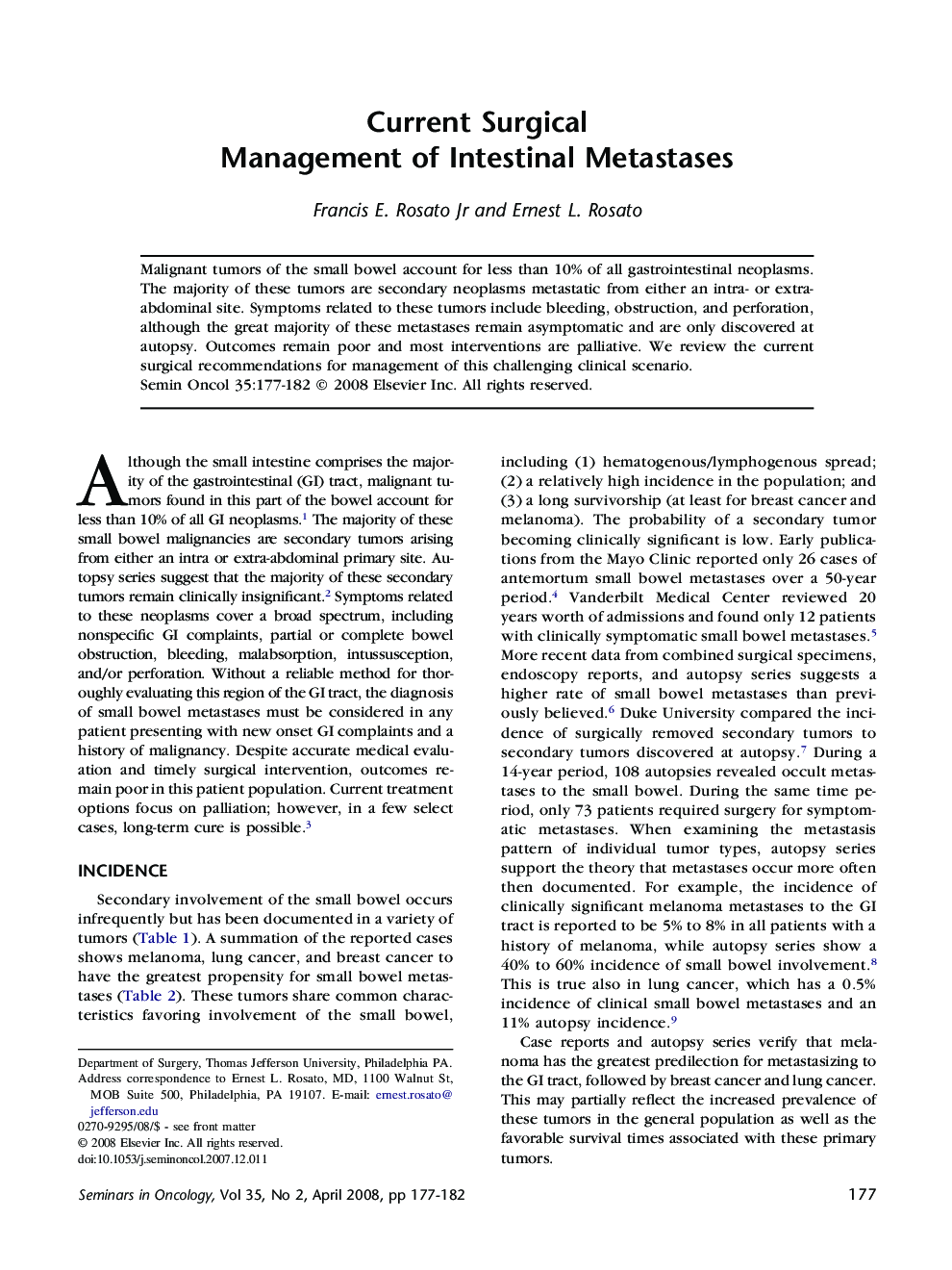 Current Surgical Management of Intestinal Metastases