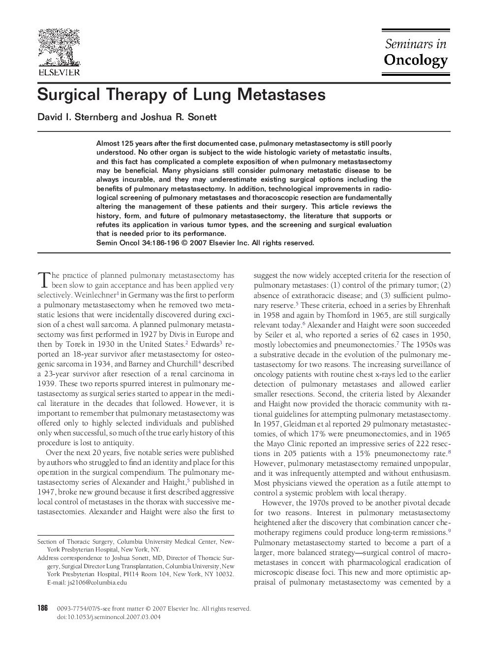 Surgical Therapy of Lung Metastases