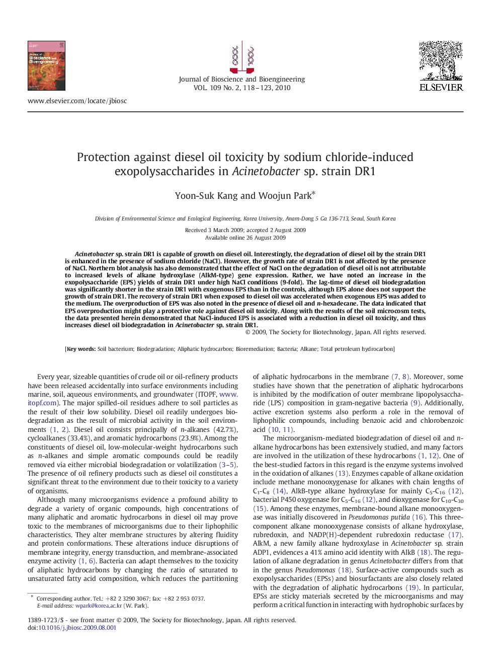 Protection against diesel oil toxicity by sodium chloride-induced exopolysaccharides in Acinetobacter sp. strain DR1