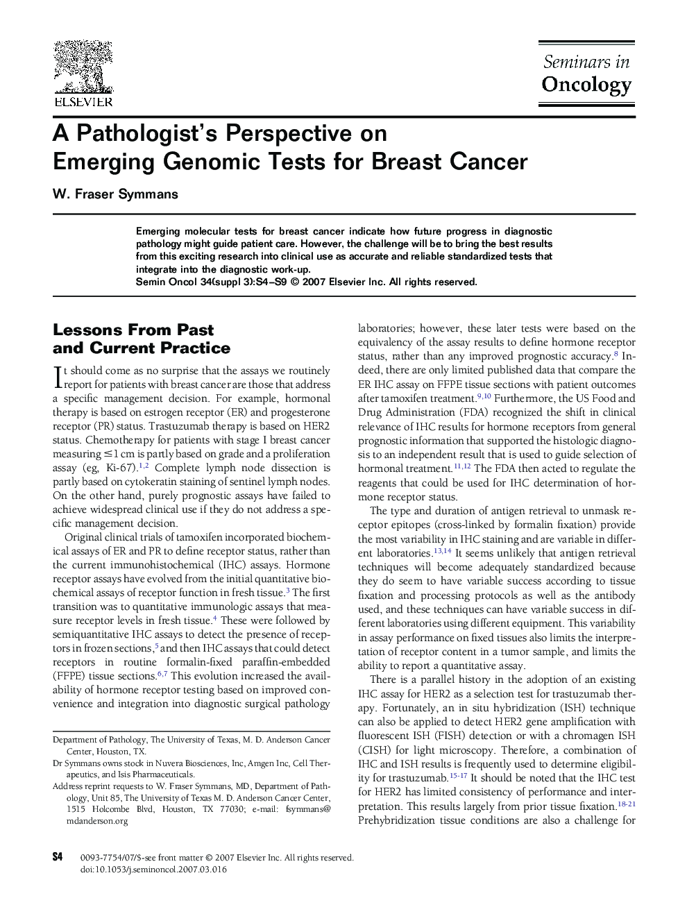 A Pathologist's Perspective on Emerging Genomic Tests for Breast Cancer