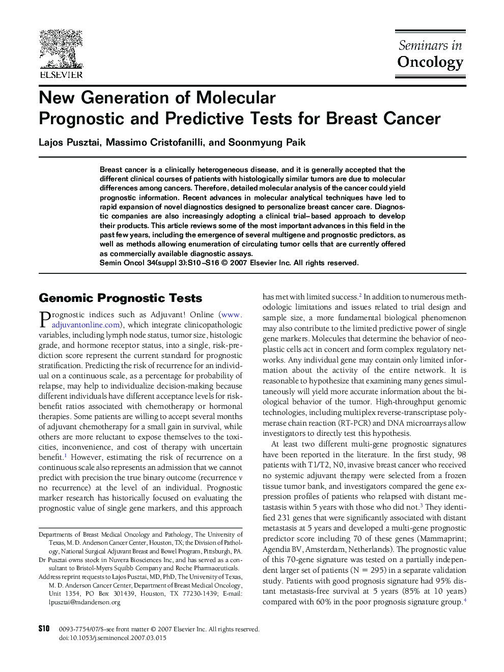 New Generation of Molecular Prognostic and Predictive Tests for Breast Cancer