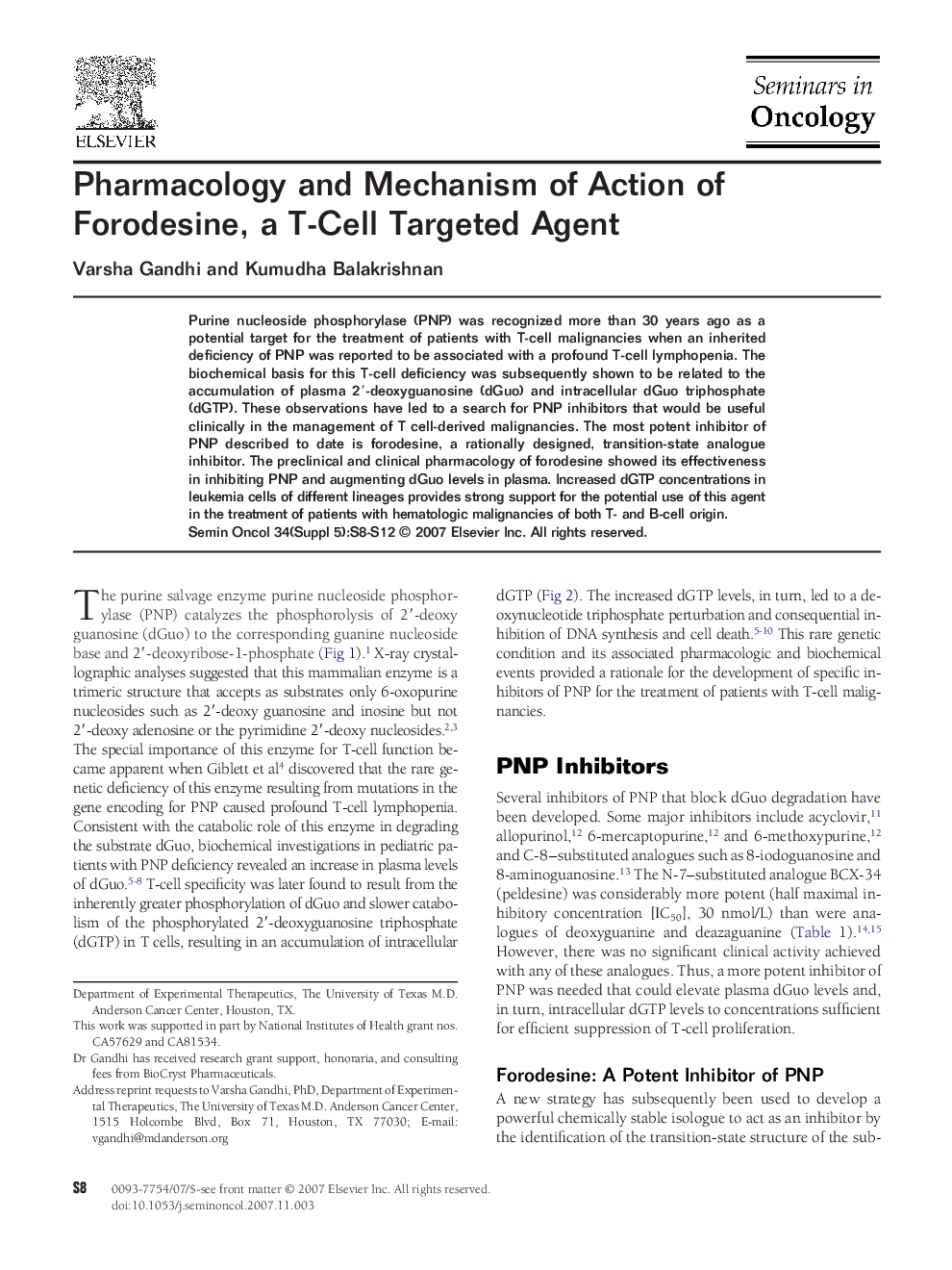 Pharmacology and Mechanism of Action of Forodesine, a T-Cell Targeted Agent