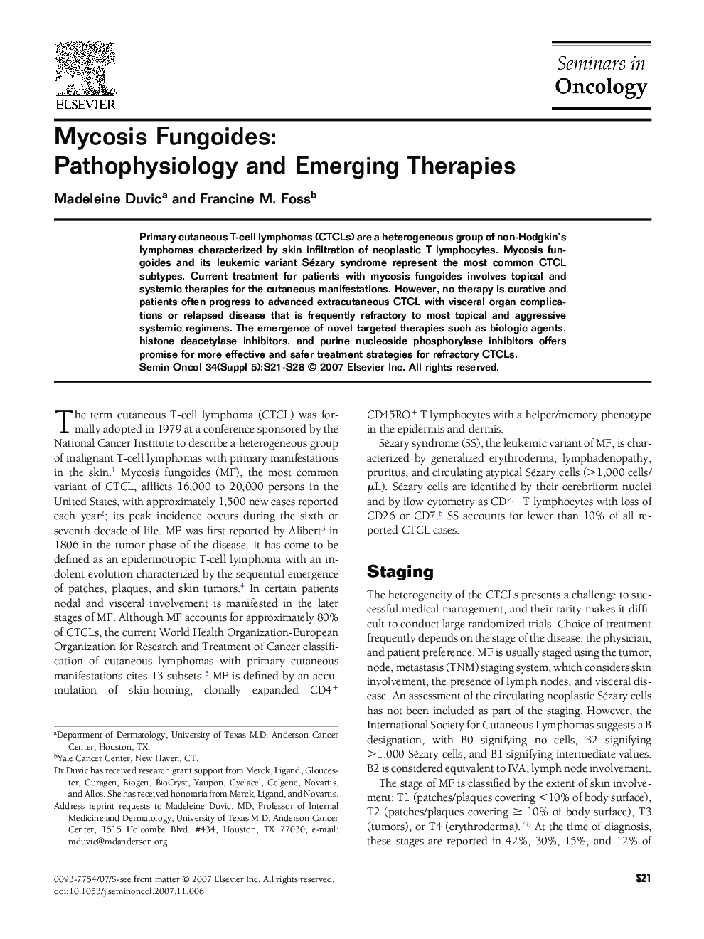 عکس صفحه اول مقاله: Mycosis Fungoides: Pathophysiology and Emerging Therapies Mycosis Fungoides: Pathophysiology and Emerging Therapies