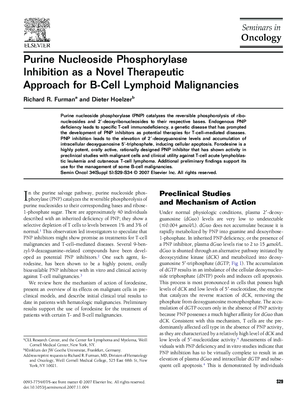 عکس صفحه اول مقاله: Purine Nucleoside Phosphorylase Inhibition as a Novel Therapeutic Approach for B-Cell Lymphoid Malignancies Purine Nucleoside Phosphorylase Inhibition as a Novel Therapeutic Approach for B-Cell Lymphoid Malignancies