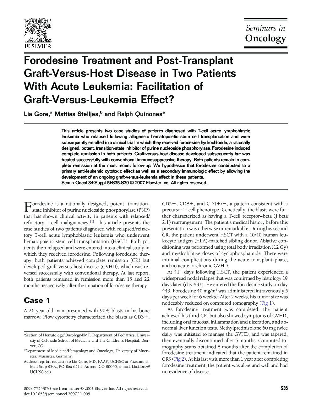Forodesine Treatment and Post-Transplant Graft-Versus-Host Disease in Two Patients With Acute Leukemia: Facilitation of Graft-Versus-Leukemia Effect?