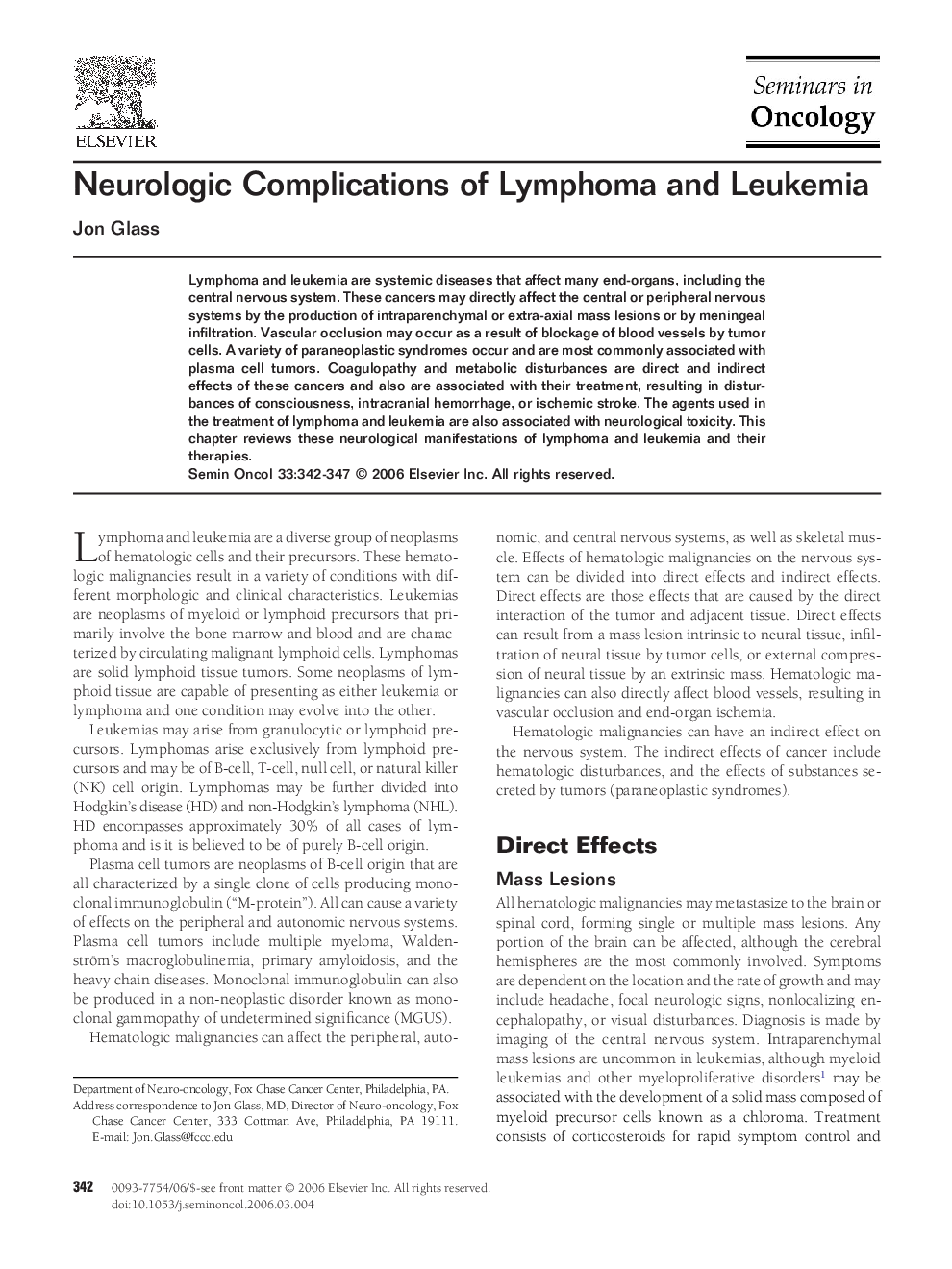 Neurologic Complications of Lymphoma and Leukemia