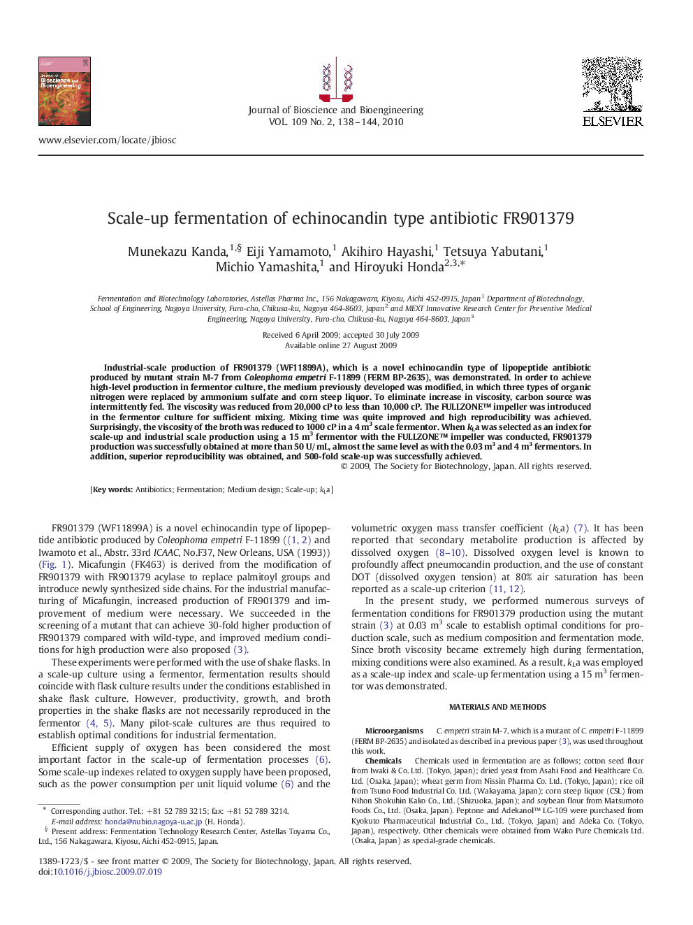 Scale-up fermentation of echinocandin type antibiotic FR901379