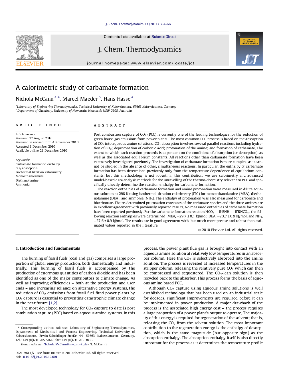 A calorimetric study of carbamate formation