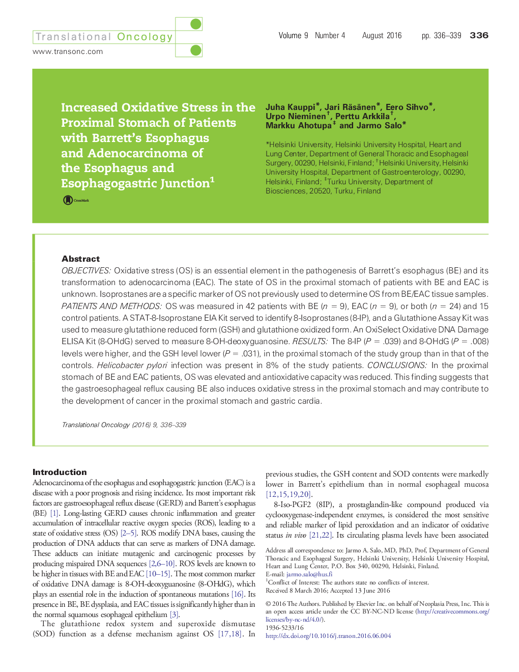 Increased Oxidative Stress in the Proximal Stomach of Patients with Barrett’s Esophagus and Adenocarcinoma of the Esophagus and Esophagogastric Junction 1