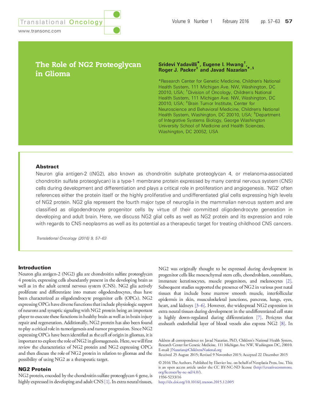 The Role of NG2 Proteoglycan in Glioma