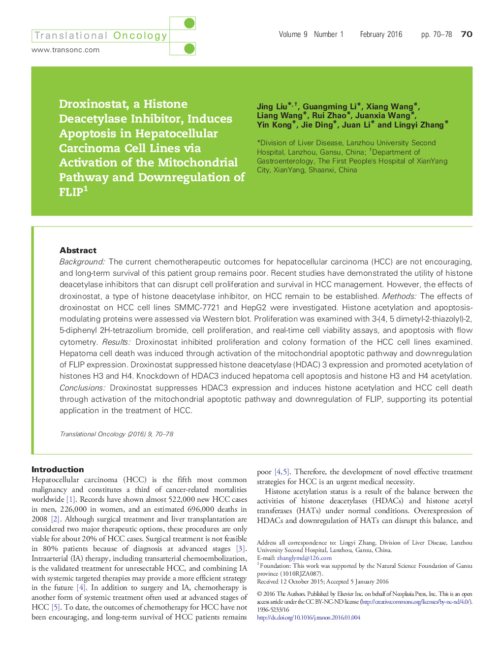 Droxinostat, a Histone Deacetylase Inhibitor, Induces Apoptosis in Hepatocellular Carcinoma Cell Lines via Activation of the Mitochondrial Pathway and Downregulation of FLIP 1