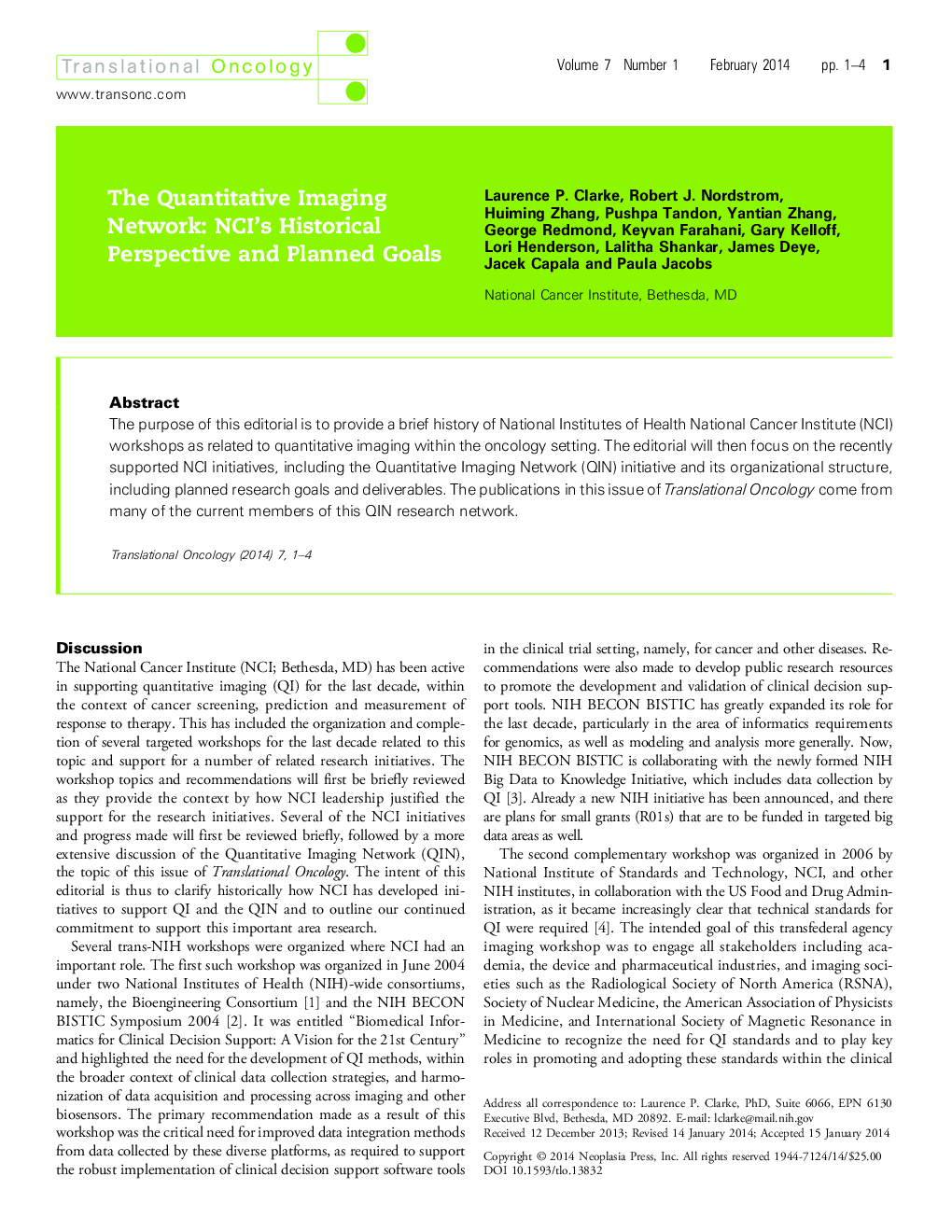 The Quantitative Imaging Network: NCI's Historical Perspective and Planned Goals