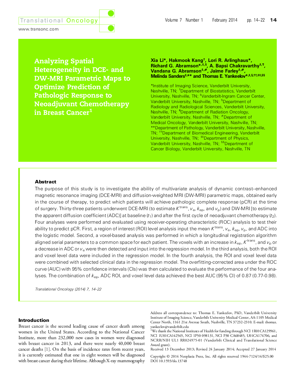 Analyzing Spatial Heterogeneity in DCE- and DW-MRI Parametric Maps to Optimize Prediction of Pathologic Response to Neoadjuvant Chemotherapy in Breast Cancer 1