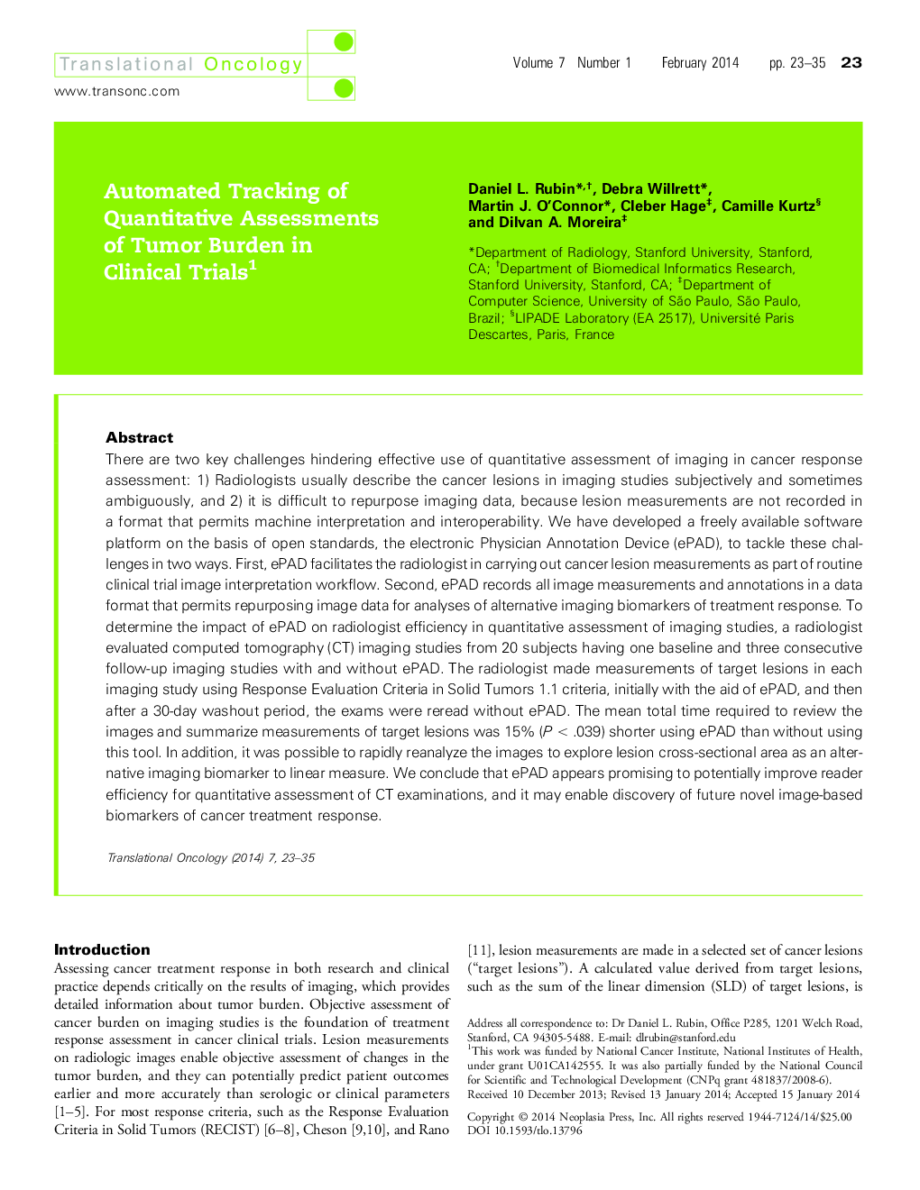 Automated Tracking of Quantitative Assessments of Tumor Burden in Clinical Trials 1