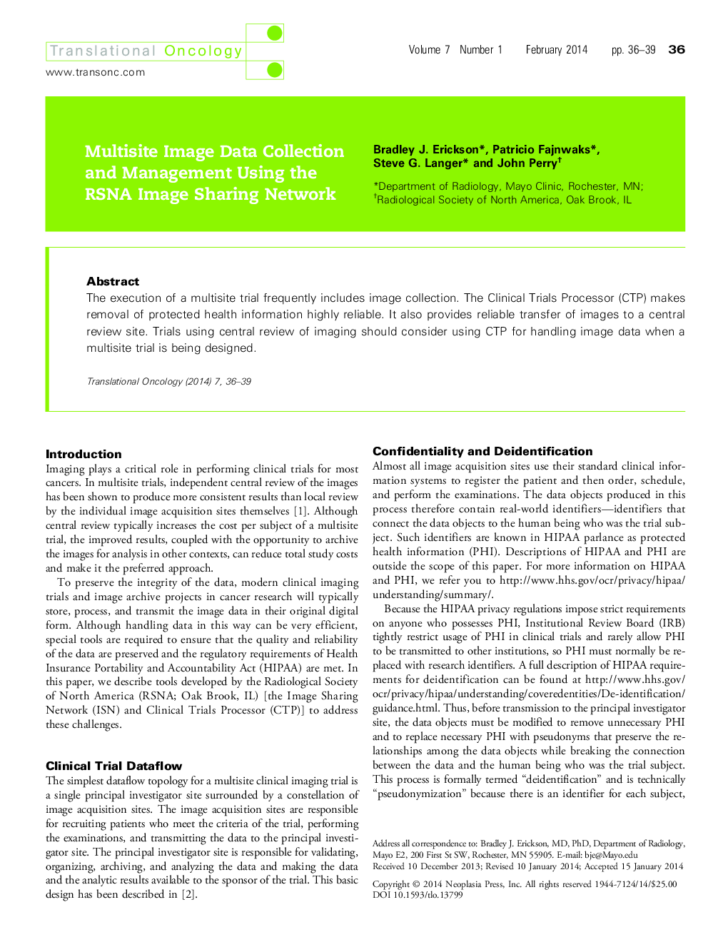 Multisite Image Data Collection and Management Using the RSNA Image Sharing Network