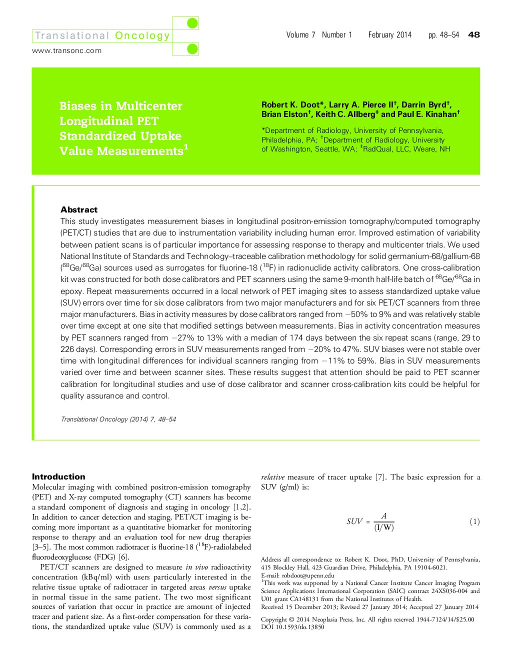 Biases in Multicenter Longitudinal PET Standardized Uptake Value Measurements 1