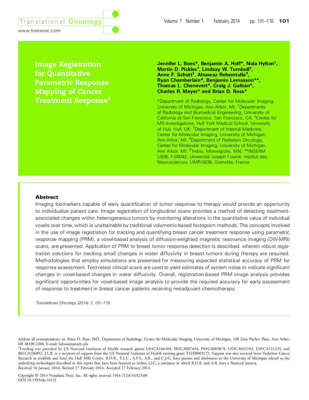 Image Registration for Quantitative Parametric Response Mapping of Cancer Treatment Response 1
