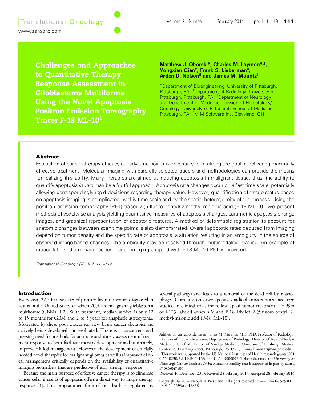 Challenges and Approaches to Quantitative Therapy Response Assessment in Glioblastoma Multiforme Using the Novel Apoptosis Positron Emission Tomography Tracer F-18 ML-10 1