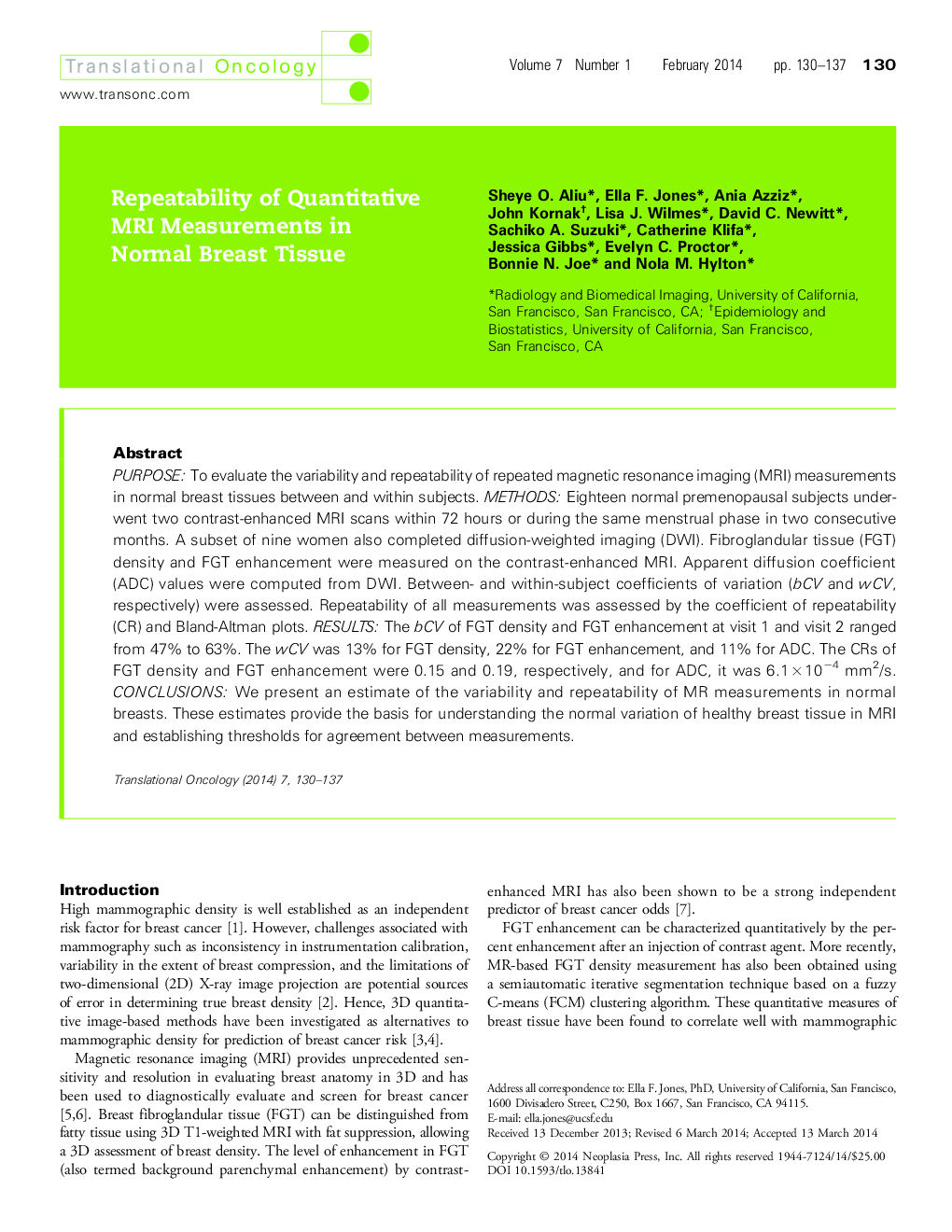 Repeatability of Quantitative MRI Measurements in Normal Breast Tissue