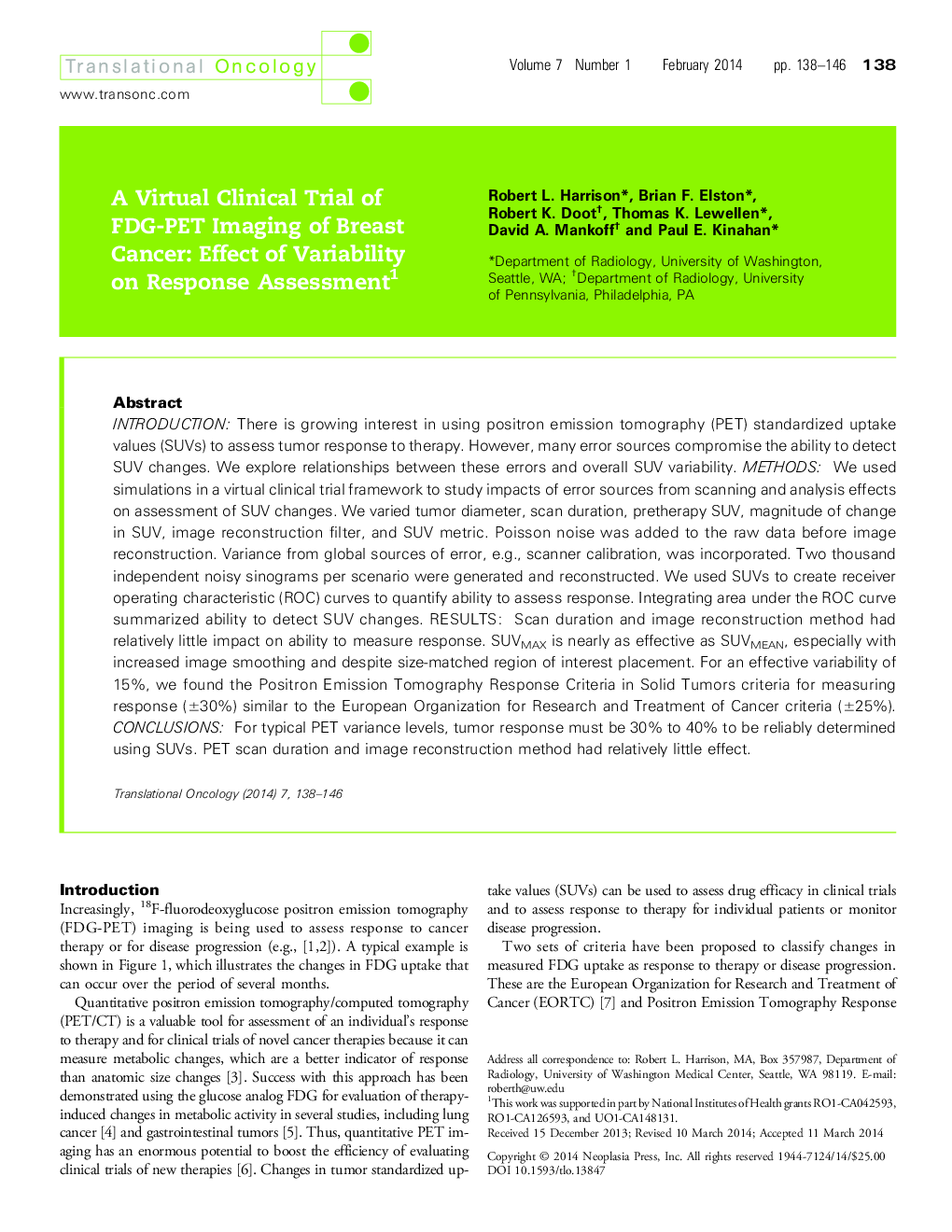 A Virtual Clinical Trial of FDG-PET Imaging of Breast Cancer: Effect of Variability on Response Assessment 1