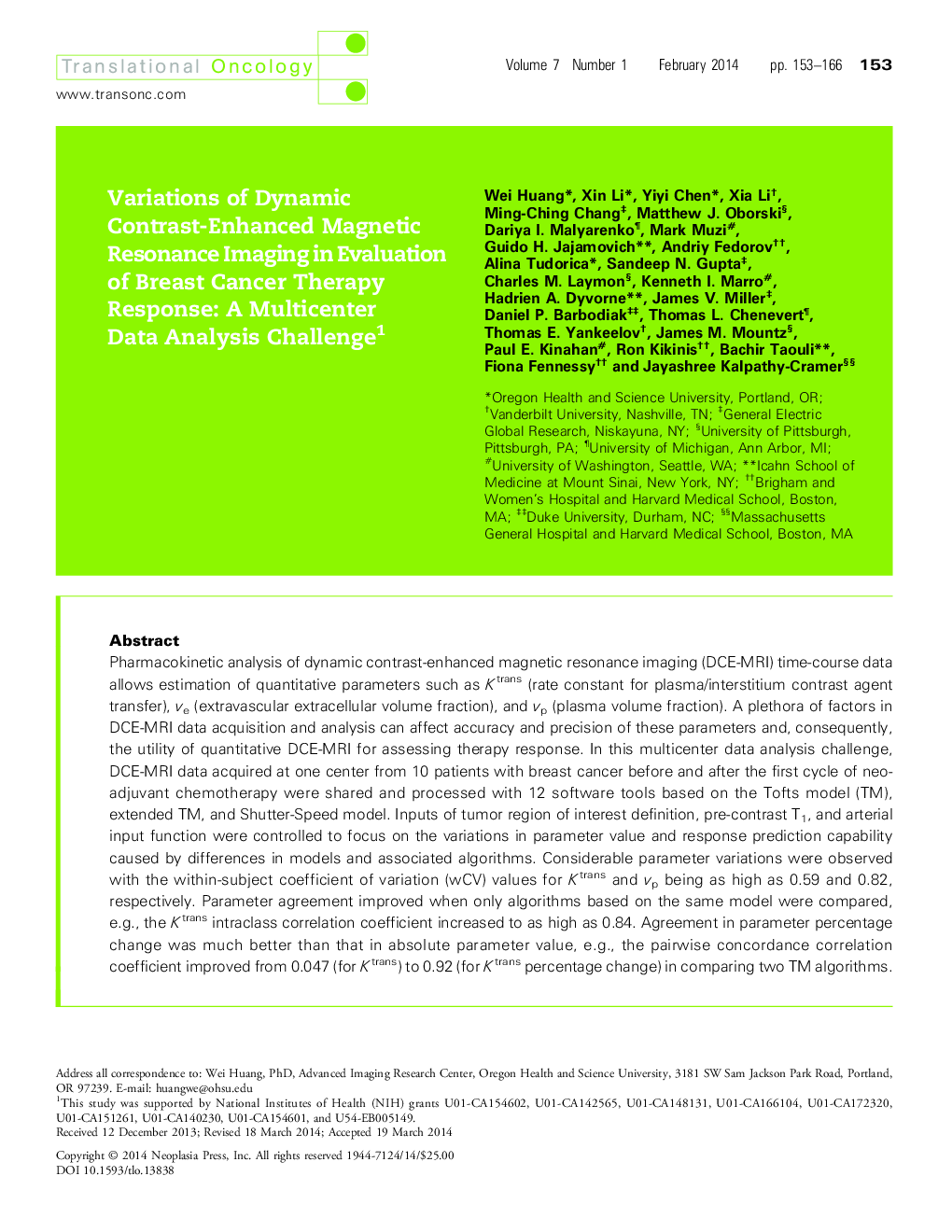 Variations of Dynamic Contrast-Enhanced Magnetic Resonance Imaging in Evaluation of Breast Cancer Therapy Response: A Multicenter Data Analysis Challenge 1