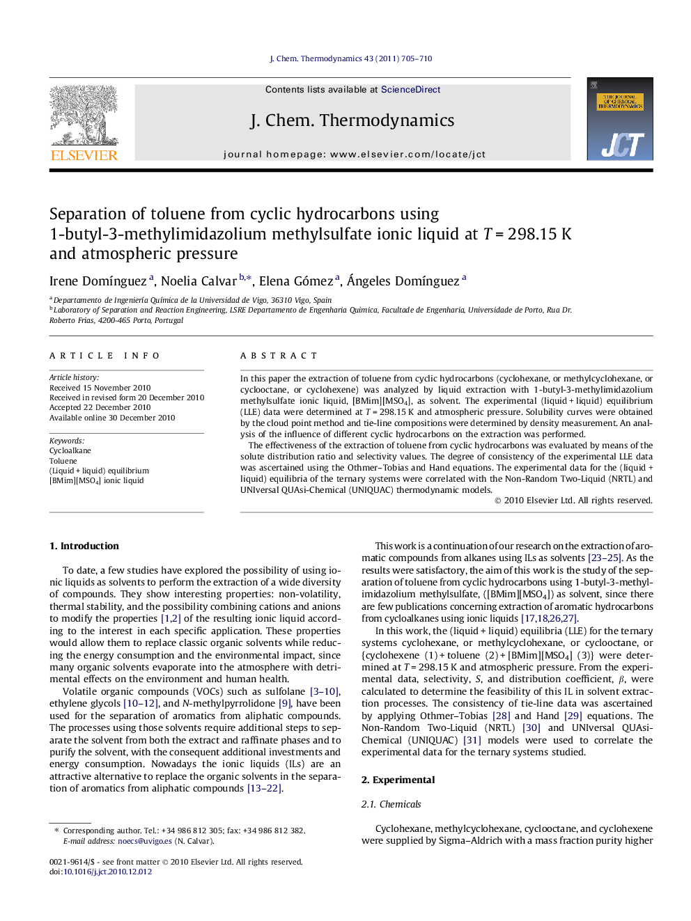 Separation of toluene from cyclic hydrocarbons using 1-butyl-3-methylimidazolium methylsulfate ionic liquid at T = 298.15 K and atmospheric pressure