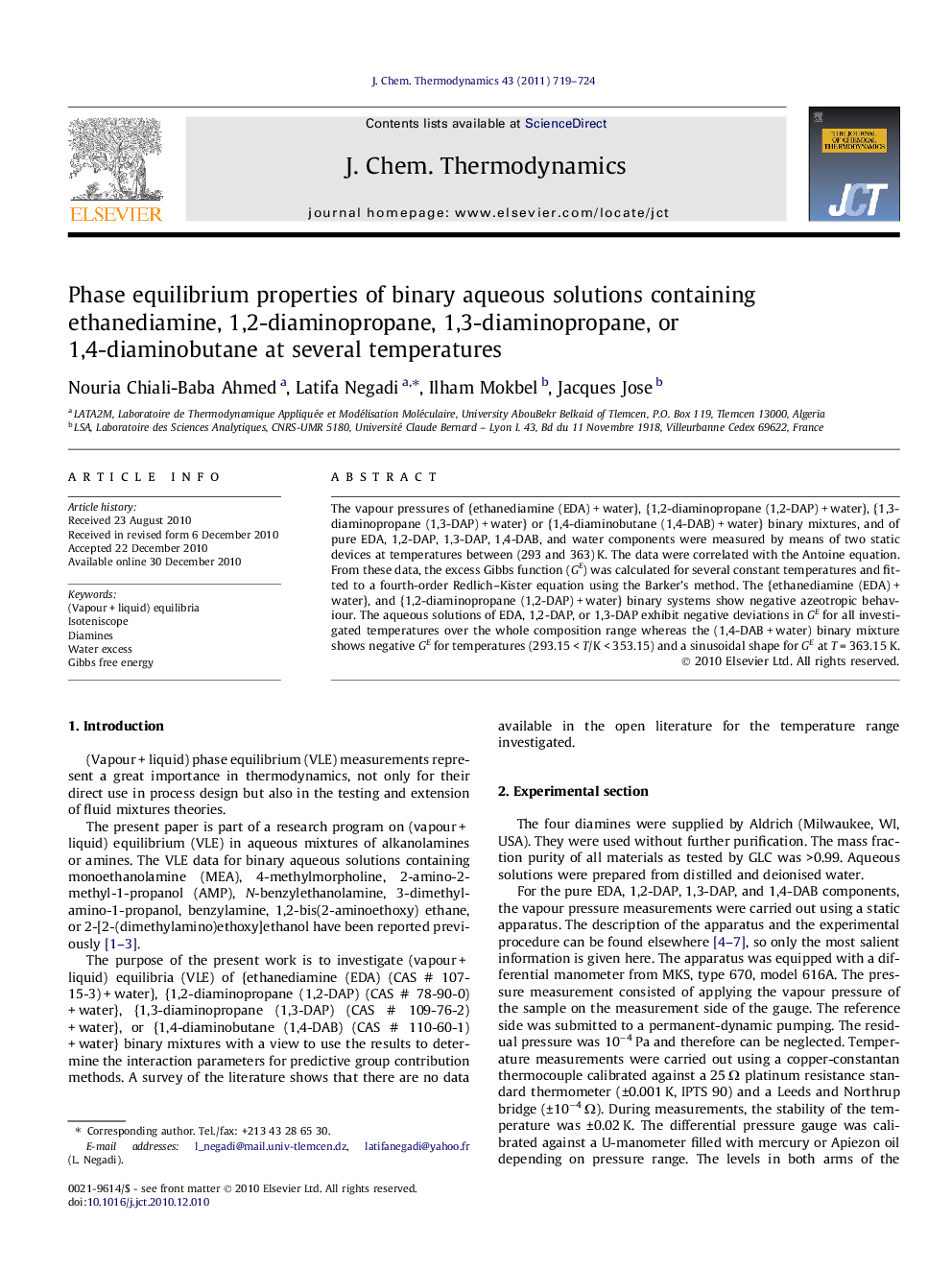 Phase equilibrium properties of binary aqueous solutions containing ethanediamine, 1,2-diaminopropane, 1,3-diaminopropane, or 1,4-diaminobutane at several temperatures