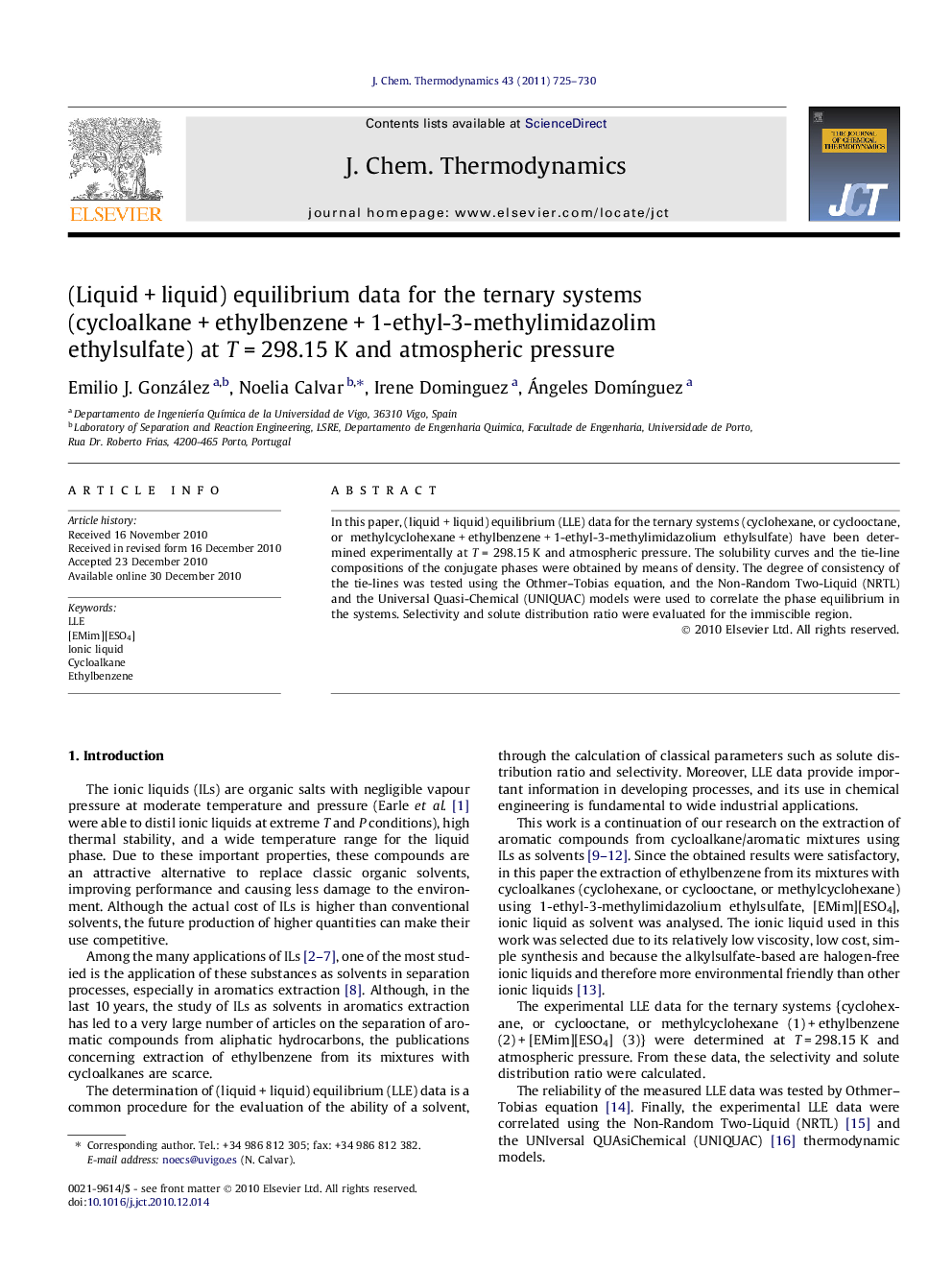 (Liquid + liquid) equilibrium data for the ternary systems (cycloalkane + ethylbenzene + 1-ethyl-3-methylimidazolim ethylsulfate) at T = 298.15 K and atmospheric pressure