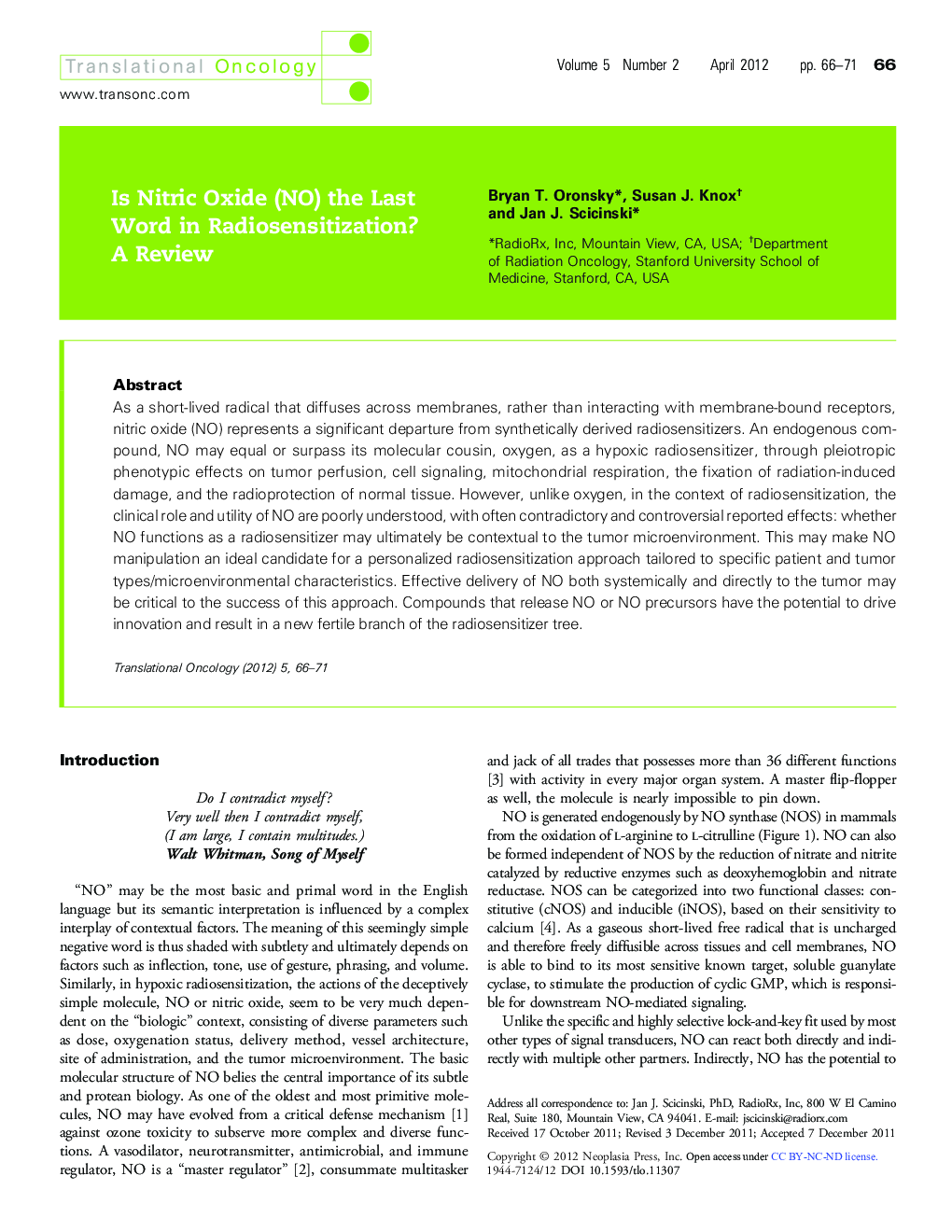 Is Nitric Oxide (NO) the Last Word in Radiosensitization? A Review