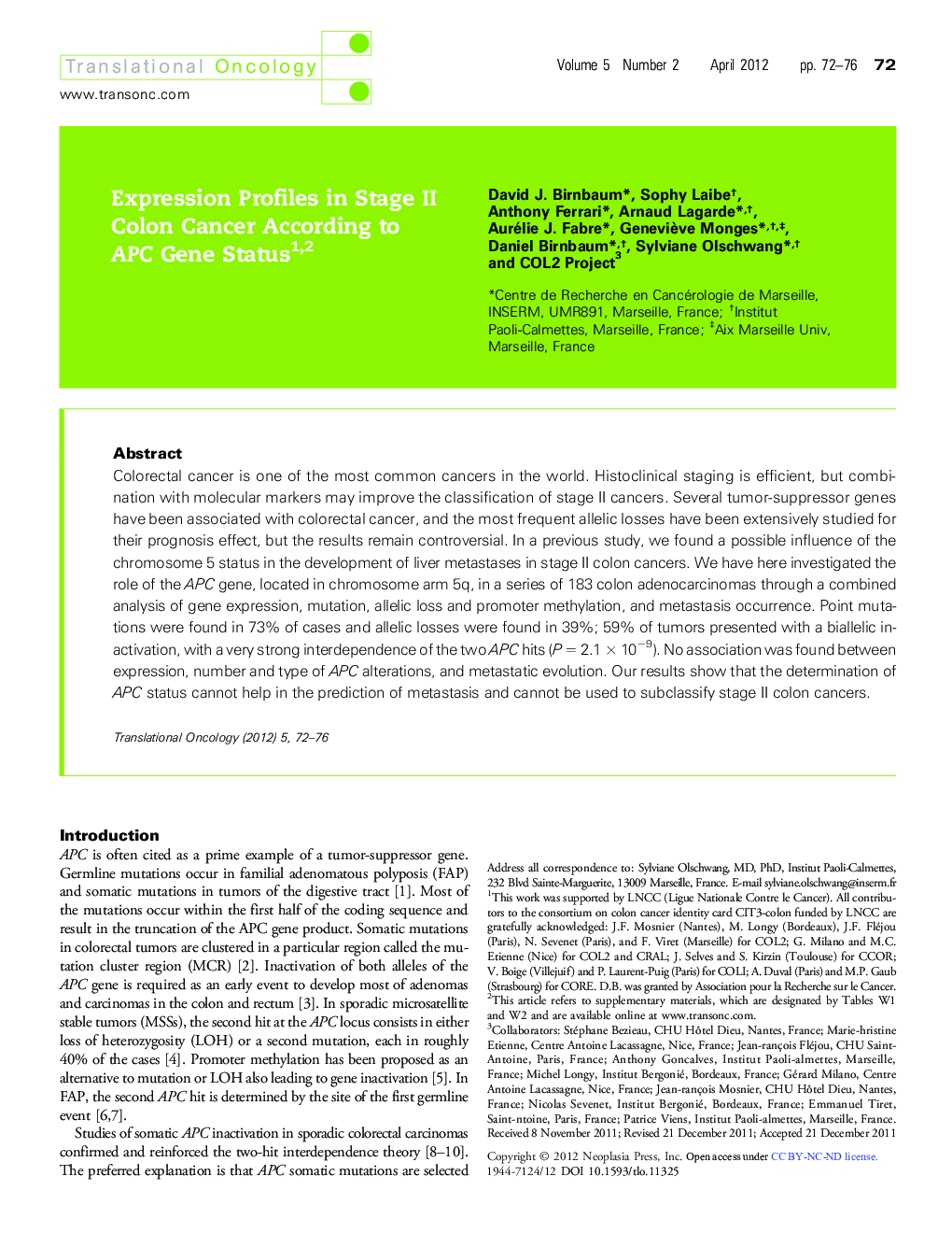 Expression Profiles in Stage II Colon Cancer According to APC Gene Status 12