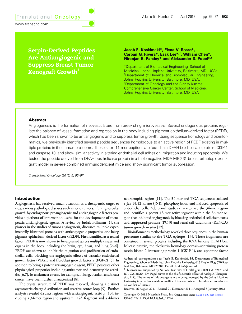 Serpin-Derived Peptides Are Antiangiogenic and Suppress Breast Tumor Xenograft Growth 1