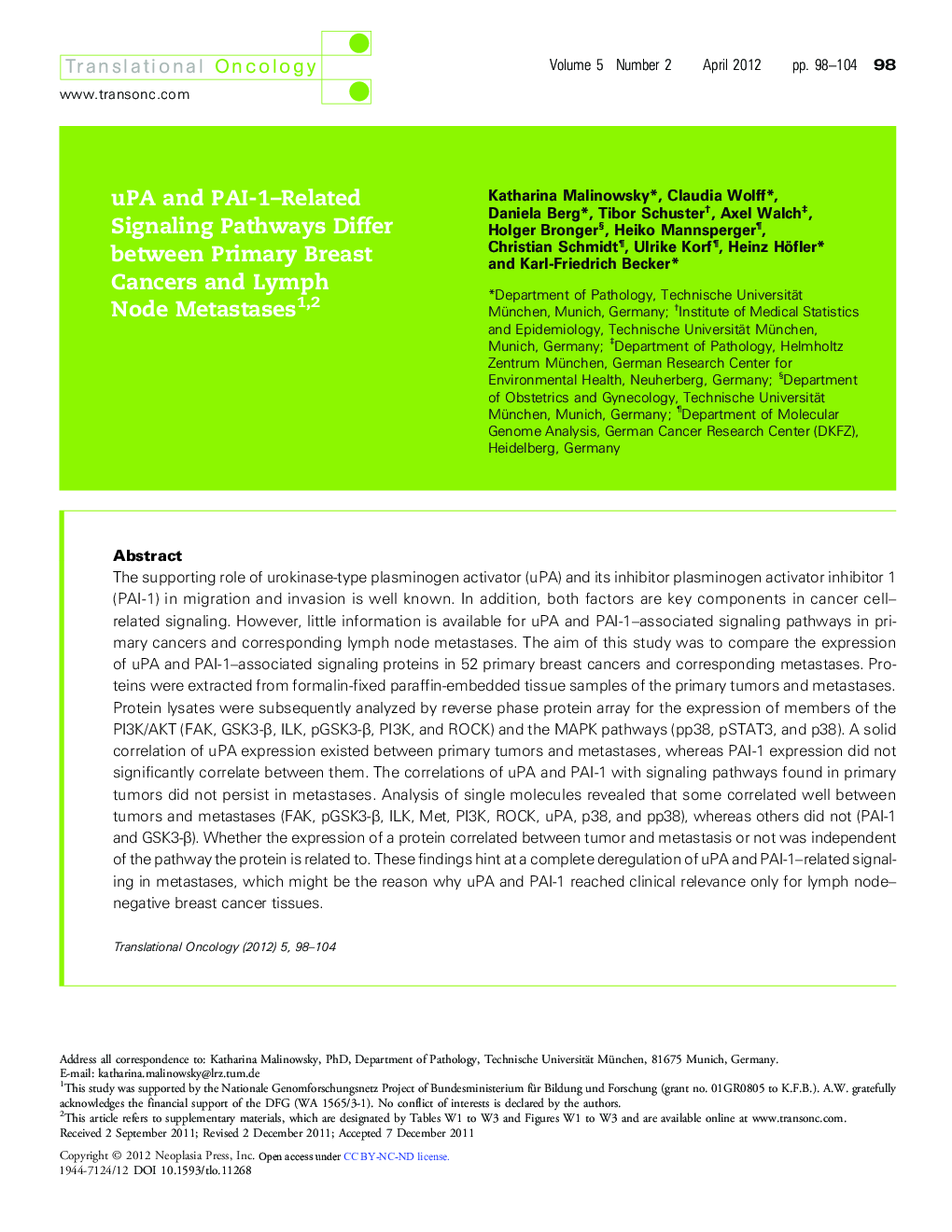 uPA and PAI-1-Related Signaling Pathways Differ between Primary Breast Cancers and Lymph Node Metastases