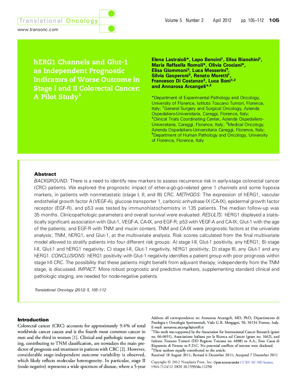 hERG1 Channels and Glut-1 as Independent Prognostic Indicators of Worse Outcome in Stage I and II Colorectal Cancer: A Pilot Study 1