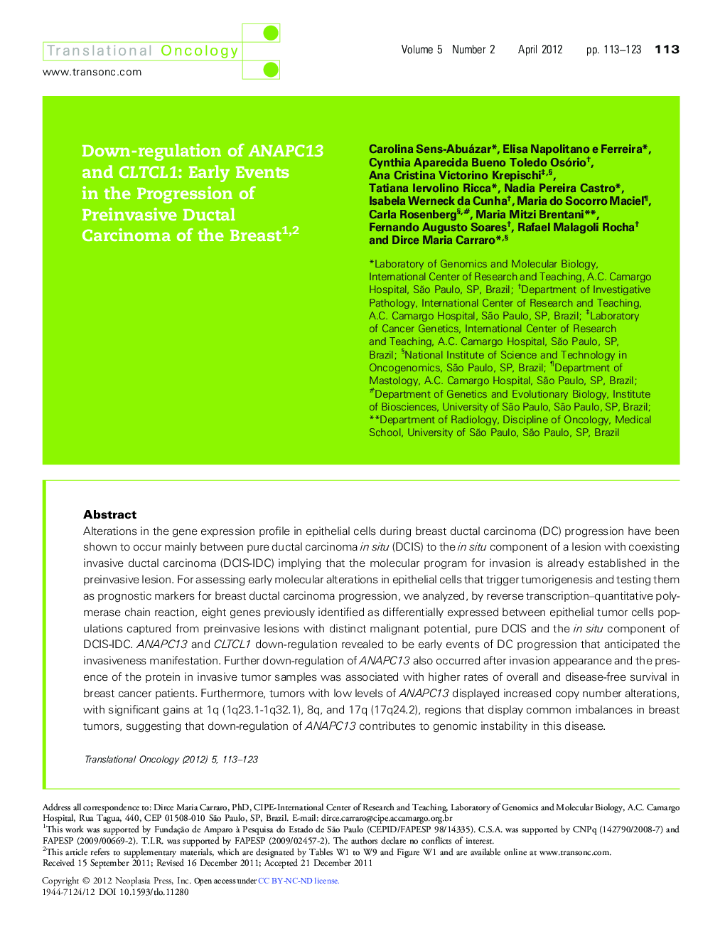 Down-regulation of ANAPC13 and CLTCL1: Early Events in the Progression of Preinvasive Ductal Carcinoma of the Breast