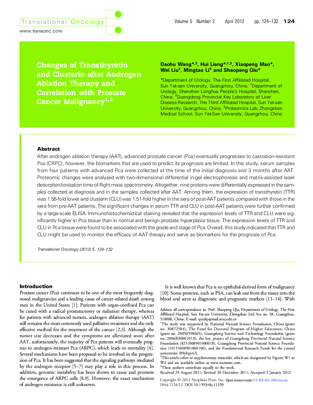Changes of Transthyretin and Clusterin after Androgen Ablation Therapy and Correlation with Prostate Cancer Malignancy 12