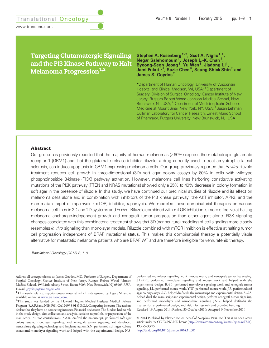 Targeting Glutamatergic Signaling and the PI3 Kinase Pathway to Halt Melanoma Progression 12
