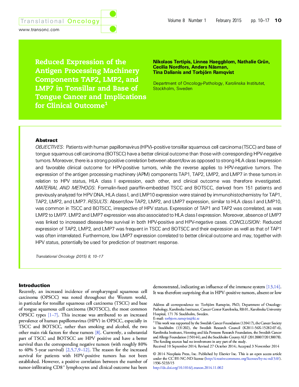 Reduced Expression of the Antigen Processing Machinery Components TAP2, LMP2, and LMP7 in Tonsillar and Base of Tongue Cancer and Implications for Clinical Outcome 1