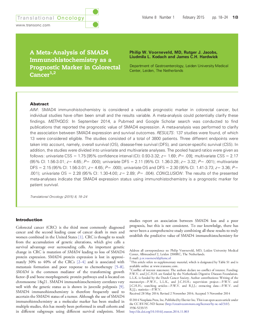A Meta-Analysis of SMAD4 Immunohistochemistry as a Prognostic Marker in Colorectal Cancer 12