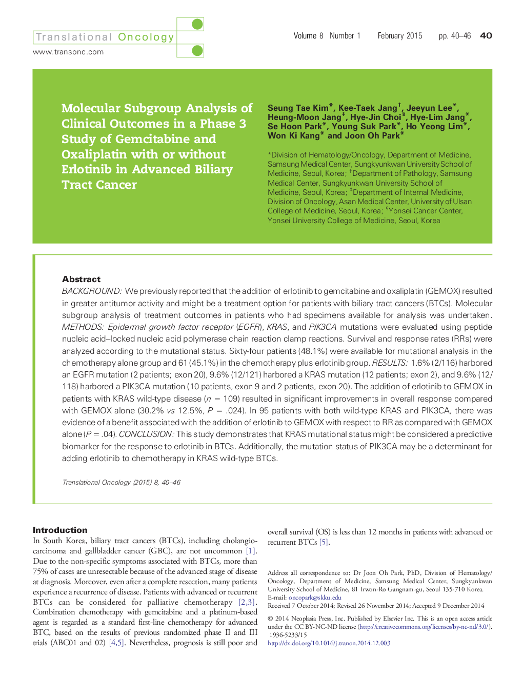 Molecular Subgroup Analysis of Clinical Outcomes in a Phase 3 Study of Gemcitabine and Oxaliplatin with or without Erlotinib in Advanced Biliary Tract Cancer