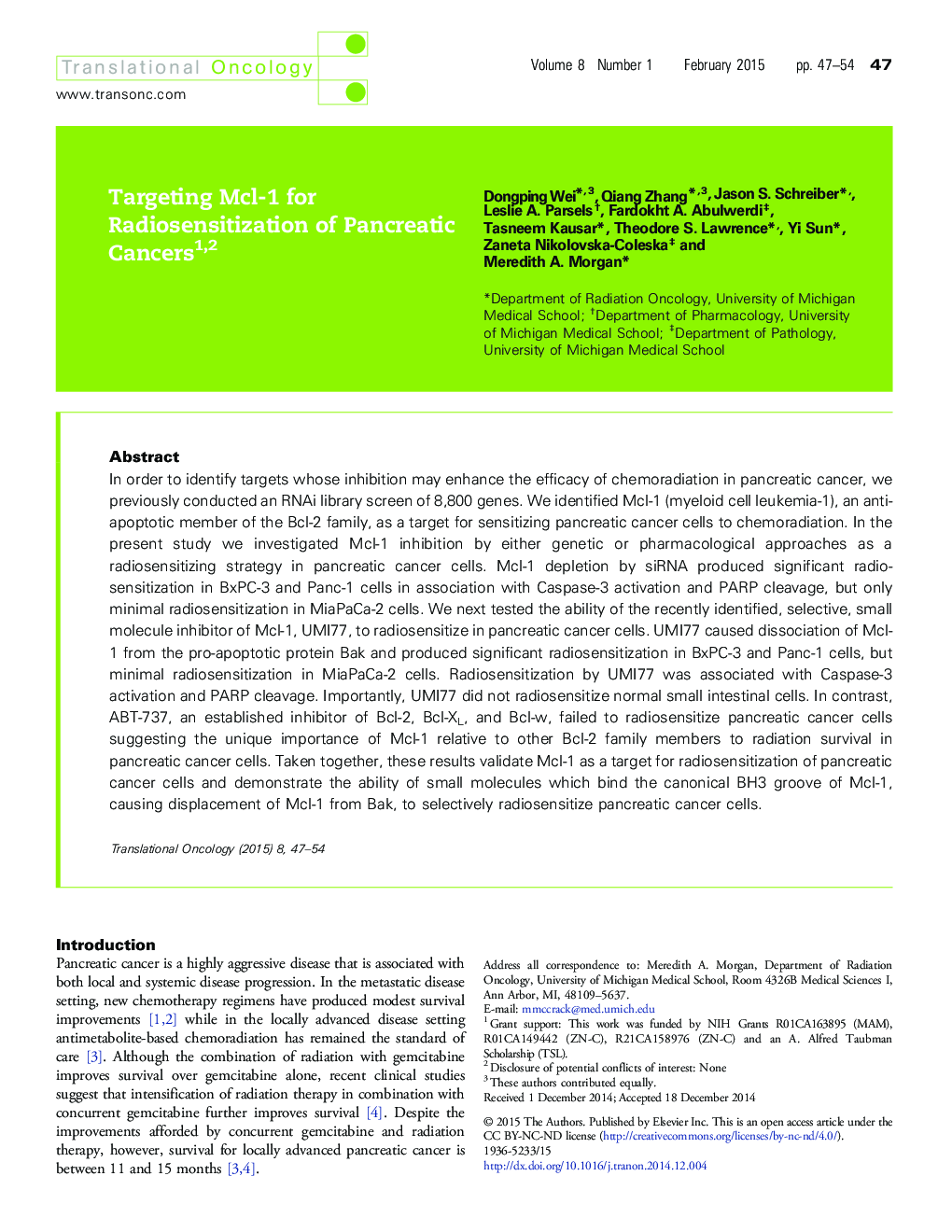 Targeting Mcl-1 for Radiosensitization of Pancreatic Cancers 12