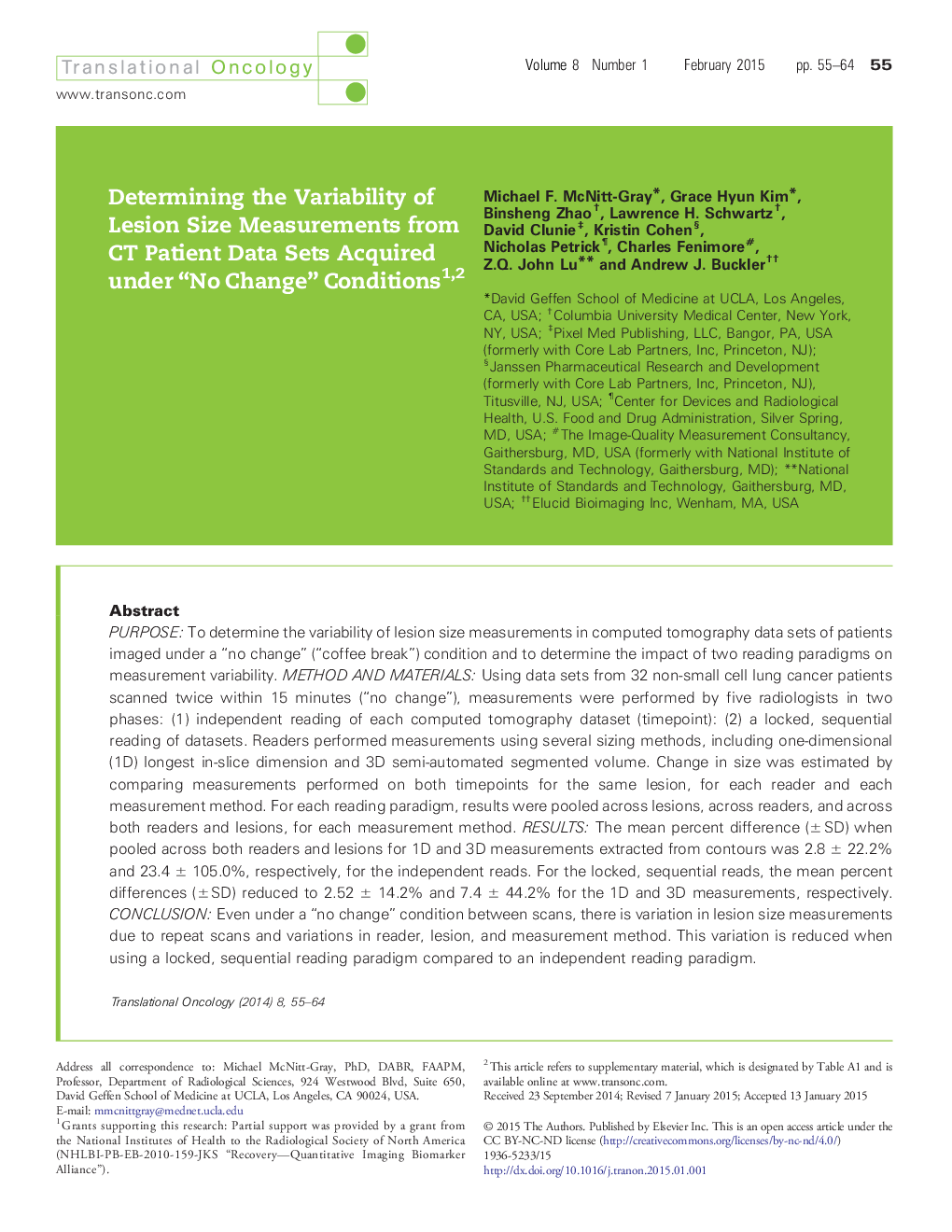 Determining the Variability of Lesion Size Measurements from CT Patient Data Sets Acquired under “No Change” Conditions 12