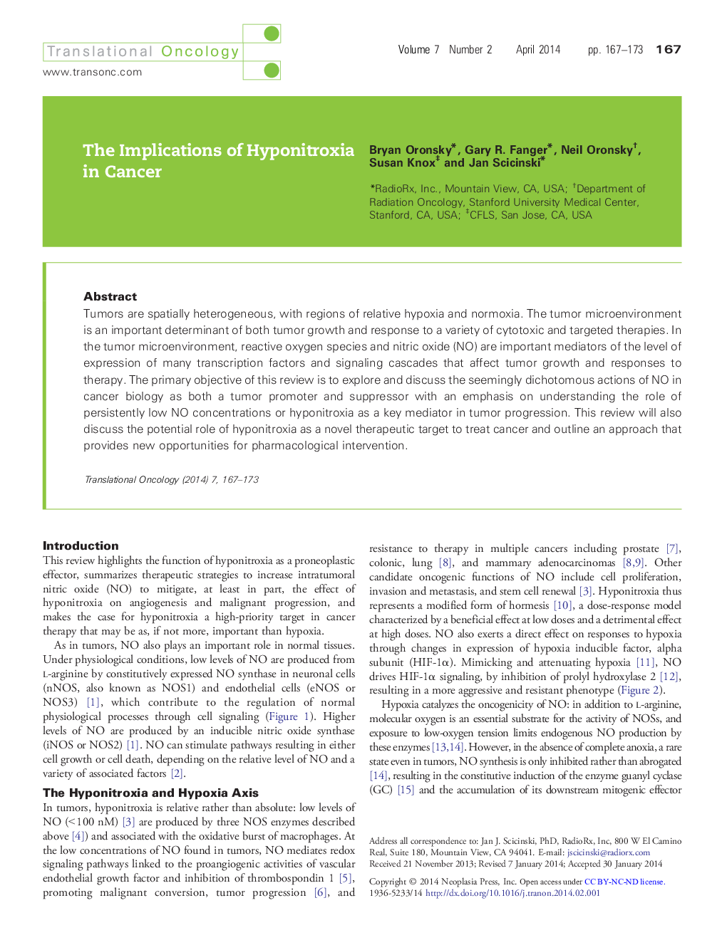 The Implications of Hyponitroxia in Cancer
