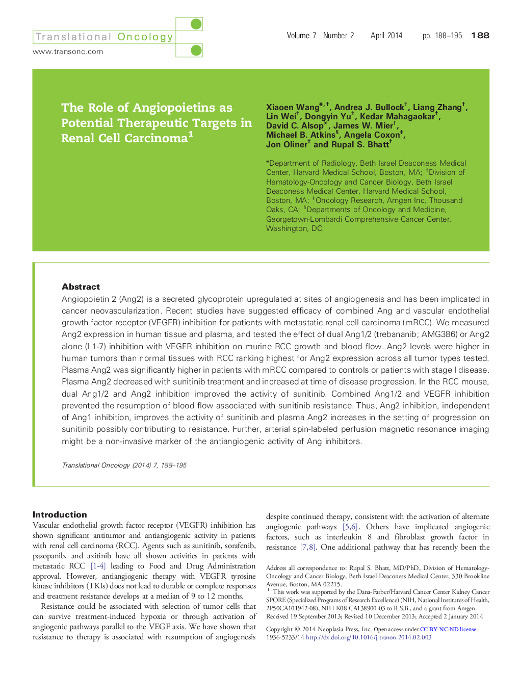 The Role of Angiopoietins as Potential Therapeutic Targets in Renal Cell Carcinoma 1
